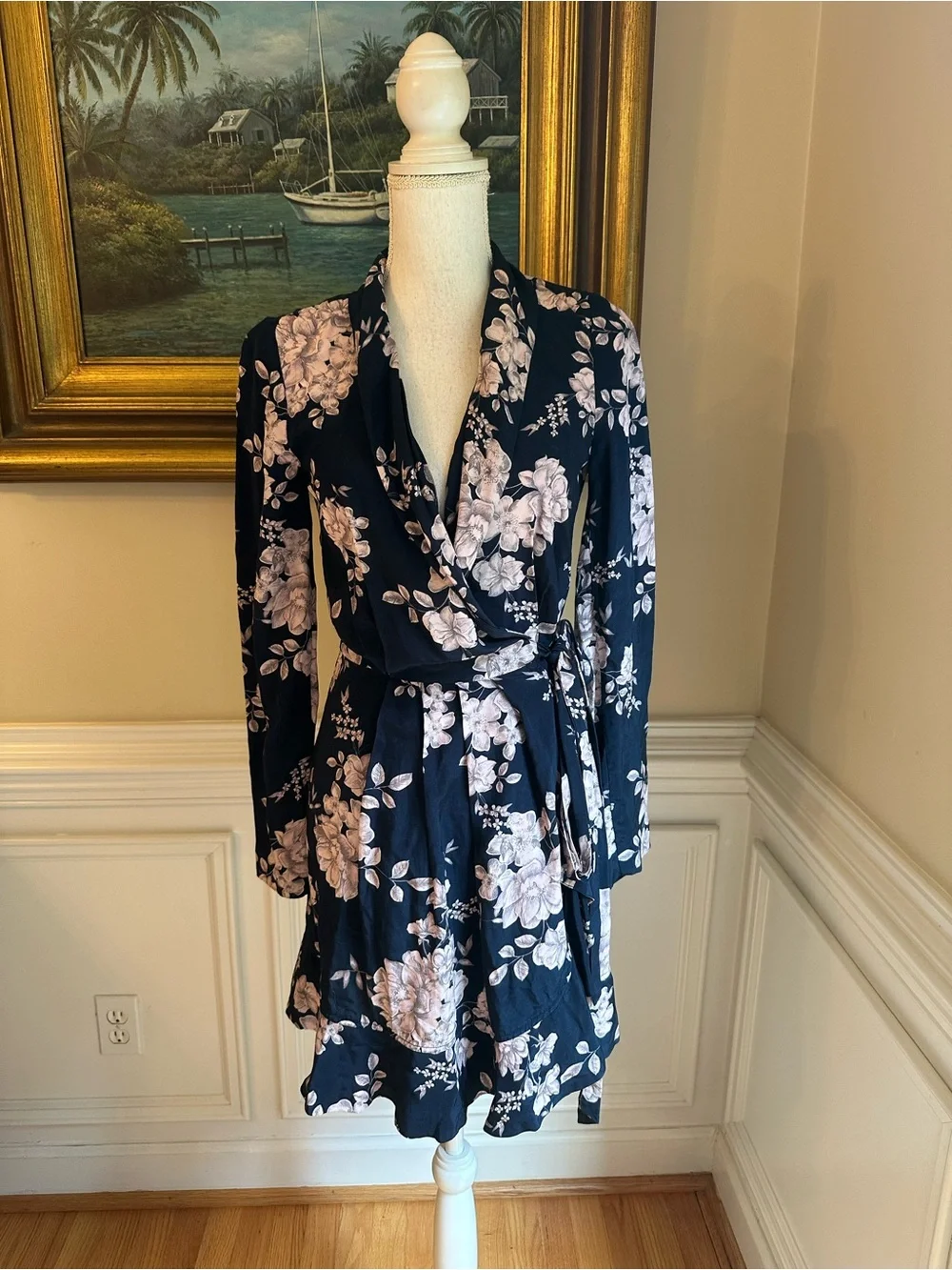 MARISSA WEBB Navy Blue Pink Floral Wrap Ruffle Dress